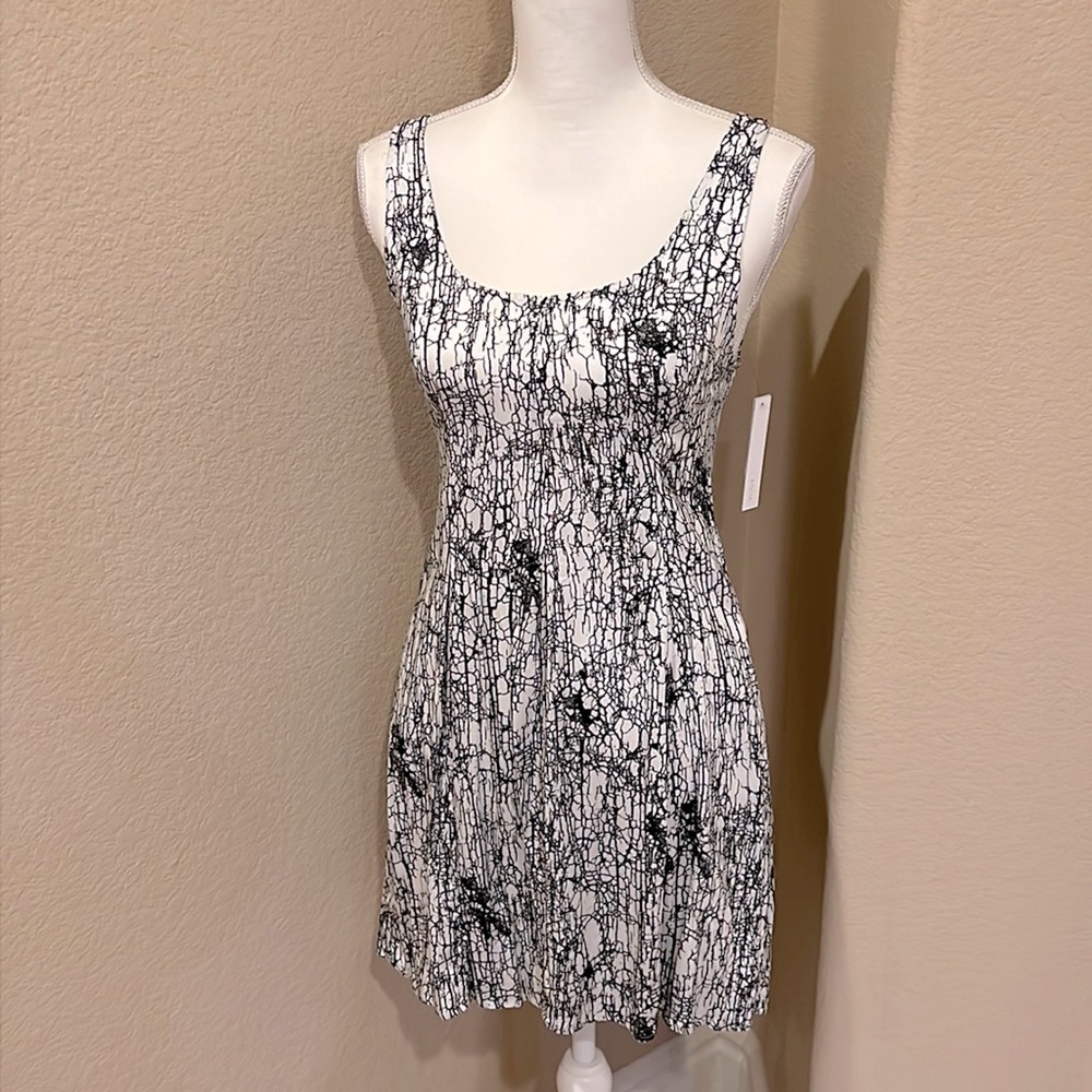 Aqua Sleeveless Black and White Print Mini Dress